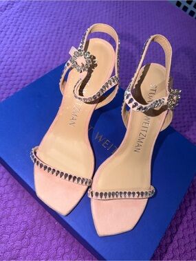 NIB Stuart Weitzman Crystal Embellished Pink Suede Stiletto Sandals Heels